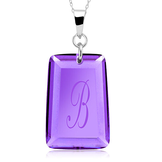 Sterling Silver February/Amethyst CZ Laser Engraved Initial 'A' Birthstone Necklace