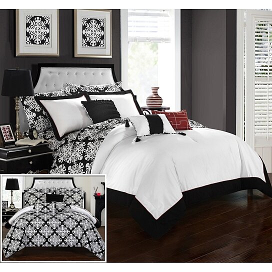 Chic Home 10 Piece Naira Black and White REVERSIBLE Medallion printed PLUSH Hotel Collection Bed In a Bag Comforter Set With sheet set