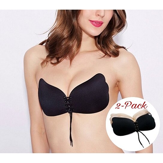 SALE - 2 Pack Black and Beige - Strapless Backless Push Up Reusable Self Adhesive Bra