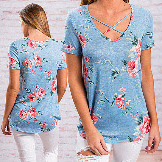 Floral Short Sleeve Top with Cutout Neckline in 5 Colors