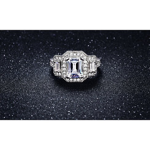 18k White Gold Plated Ring With Emerald Cut Stone & Micropave