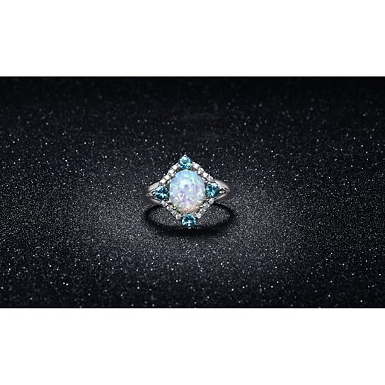 18k White Gold Plate Opal & Aquamarine Special Occasion Ring