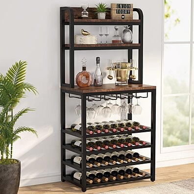 WUJO Wine Rack,Countertop Wine Storage Shelf,Wine Holder for Kitchen Cabinet,Hold 4 Wine Bottles and 4 Glasses Bronze Wood & Metal 