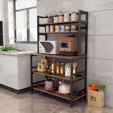 3-Tier Storage Shelves & Metal Frame Brown 60x40x149 cm Kitchen Unit Spices Utensils Shelf with S-Hooks Industrial Microwave Oven Stand Kitchen Baker's Rack 