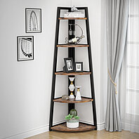 Corner Shelf with Metal Frame, Industrial 5-Tier Wall Corner Bookshelf  Stand Display Plant Flower, Bookcase