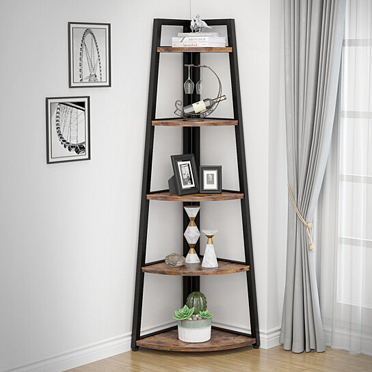 75 inch Tall Corner Bookcase, Industrial Corner Ladder Shelf, Modern Corner Bookshelf for