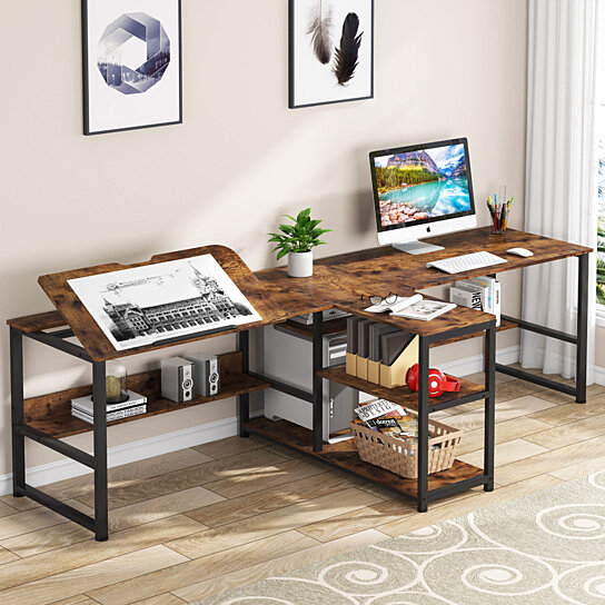 Tribesigns 94.5 inch Double Computer Desk with Storage Shelf