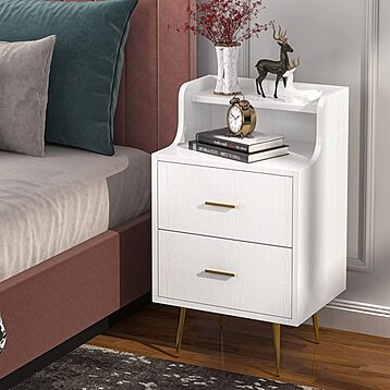 Nightstand with 2 Drawers, Modern End Table with Metal Legs Wood