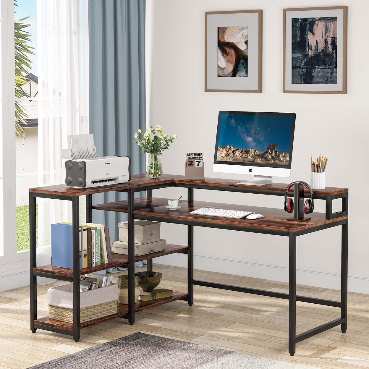 Buy Tribesigns Reversible L Shaped Computer Desk with Storage Shelf ...