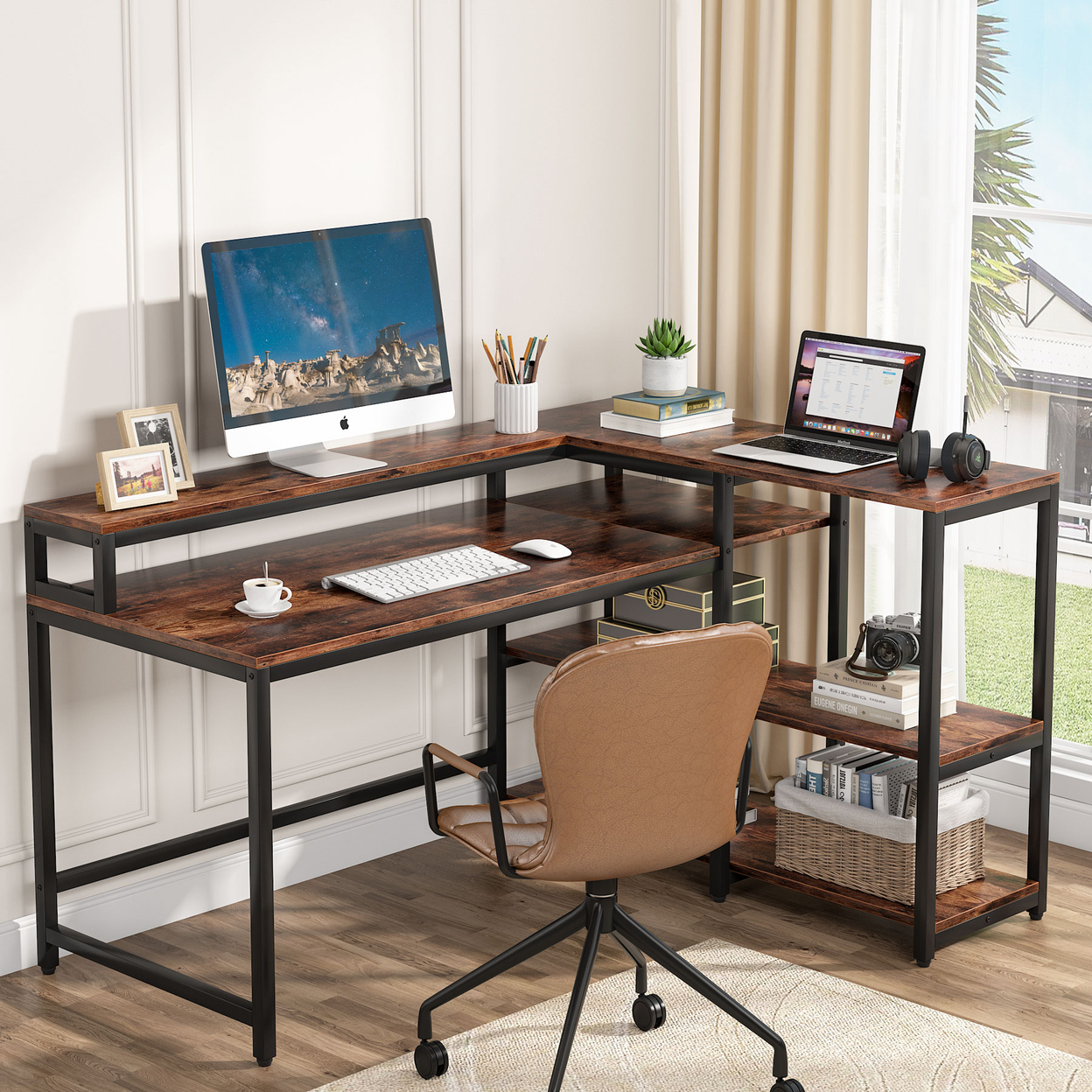 Buy Tribesigns Reversible L Shaped Computer Desk with Storage Shelf ...