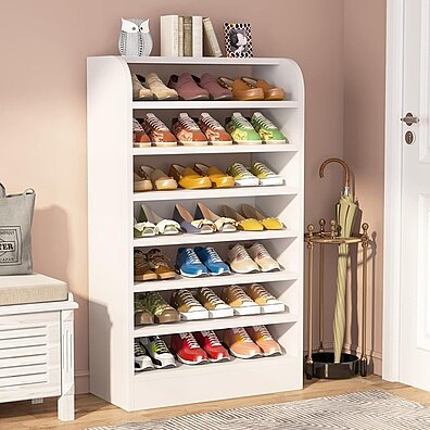 Tribesigns Shoe Cabinet 5-Tier Shoe Storage Cabinet with Open Shelves & Hooks, Freestanding Wooden Shoe Rack Storage Modern Shoe Organizer for