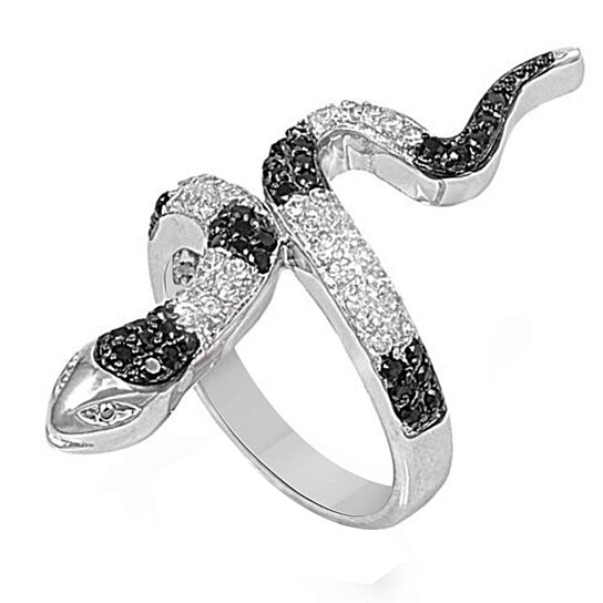 .925 Sterling Silver Fashion Snake Ring with Clear & Black CZ Size 5 6 7 8 9 10