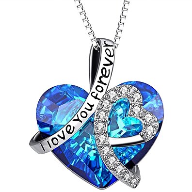 I LOVE YOU FOREVER Blue Austrian Crystal Heart Necklace in 18K White Gold Plated