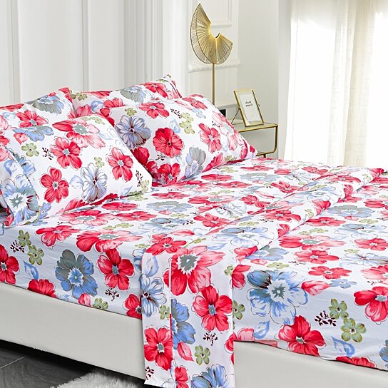 American Home Collection Ultra Soft 4-6 Piece Red Floral Printed Bed Sheet  Set