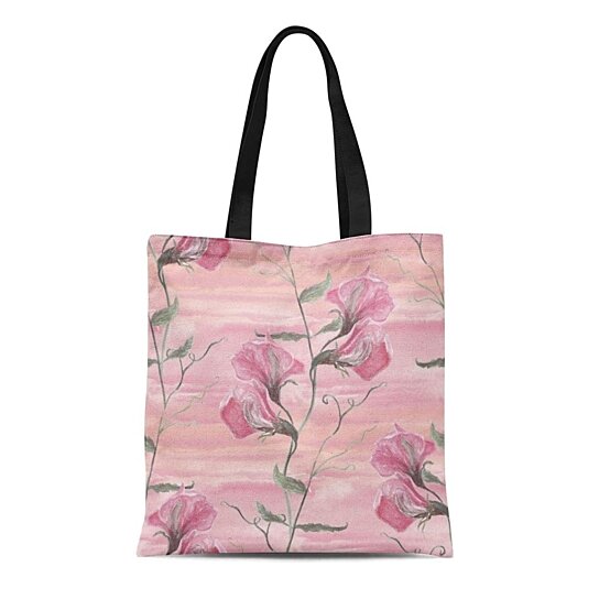 Buy Canvas Bag Resuable Tote Grocery Shopping Bags Green Pattern Watercolor Sweet Pea Flowers on ...