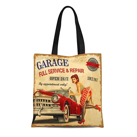 Buy Canvas Tote Bag Car Vintage Garage Retro Girl 1960S Mechanic Classic Signboard Reusable ...