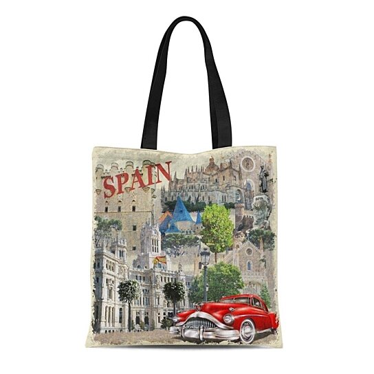 Buy Canvas Tote Bag Collage Spain Vintage Car Travel Retro Spanish Barcelona Europe Reusable Shoulder Grocery Shopping Bags Handbag By Ann Pekin Pekin On Dot Bo