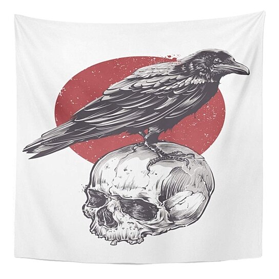 Red Gothic Raven on Skull Sketch Crow Death Rock Wall Art Hanging Tapestry  51x60 inch