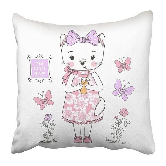 Download Buy Cartoon Cute Cat Girl Little Kitty Drinking Juice Character Graphic Tee Adorable Animal Baby Pillowcase Pillow Cover 16x16 Inches By Wallis Flora On Dot Bo