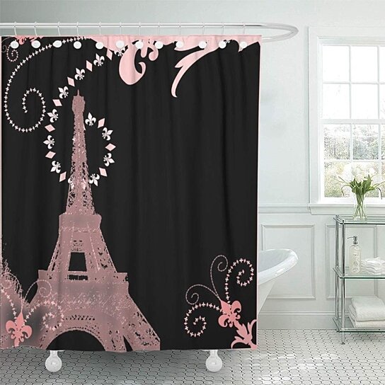 Pink Couple and Eiffel Tower Shower Curtain Bathroom Decor Fabric & 12hooks 71" 