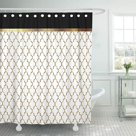 Quatrefoil Shower Curtain Polyester Fabric Black Gold Colors Bathroom Design New