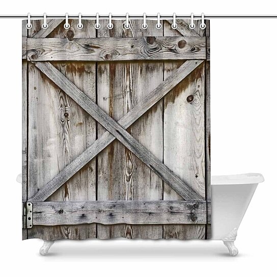 Metal Red Stars Rustic Wooden Planks Wall Shower Curtain Set Bathroom Decor 72" 