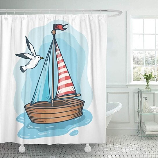 Buy Sailboat Gull Engraving Sketch Summer Voyage Cruise Transportation Retro Bathroom Decor Bath Shower Curtain 60x72 Inch By Wallis Flora On Dot Bo