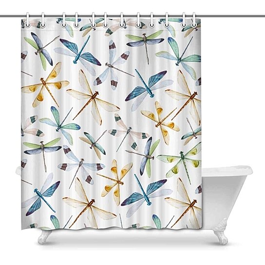 Watercolor Dragonfly Shower Curtain Polyester Fabric Bathroom Decor with Hooks 