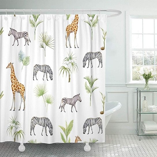 Buy Watercolor Tropical Pattern Of Giraffe And Zebra Palm Trees Safari Bathroom Decor Bath Shower Curtain 60x72 Inch By Wallis Flora On Dot Bo