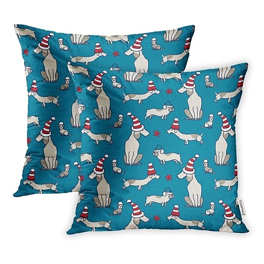 Buy Beige Dachshund Pattern Christmas Dogs On Turquoise Dachshund Puppy Toy Pillow Case Pillow Cover 18x18 Inch Set Of 2 By Andrea Marcias On Dot Bo