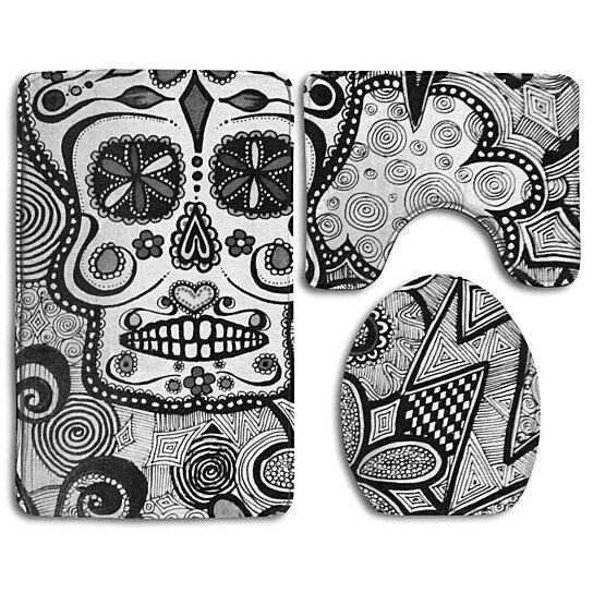 Buy Black Doodle Sugar Skull 3 Piece Bathroom Rugs Set Bath Rug Contour Mat And Toilet Lid Cover By Andrea Marcias On Dot Bo