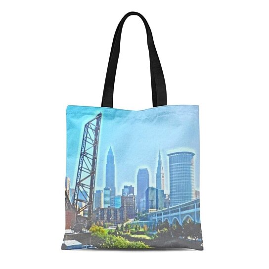 Buy Canvas Tote Bag Photopainting Cleveland Ohio Bw Panels Skyline View City Urban Reusable ...