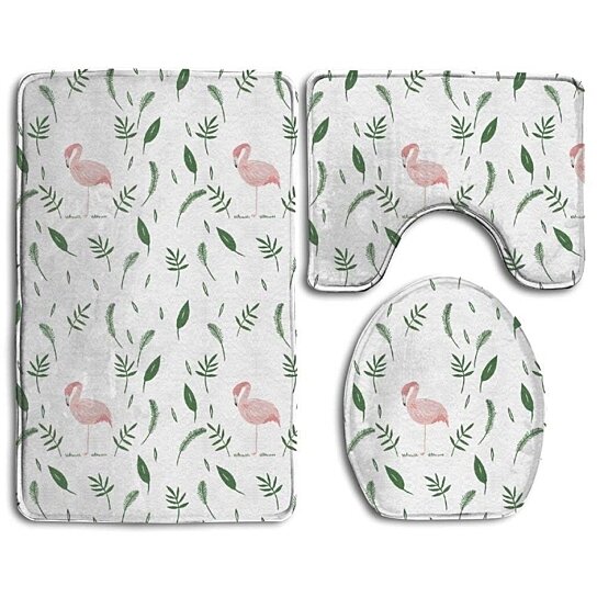 Buy Flamingo Leafy Nature 3 Piece Bathroom Rugs Set Bath Rug Contour Mat And Toilet Lid Cover By Andrea Marcias On Dot Bo