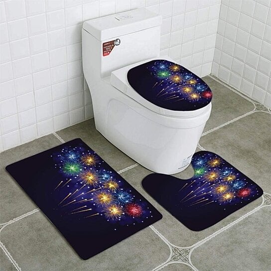 HUGS IDEA Funny Colorful Popcorn Pattern Washable Bath Rug Set Included Bathroom Rugs 3 piece Contour Mat Lid Cover 