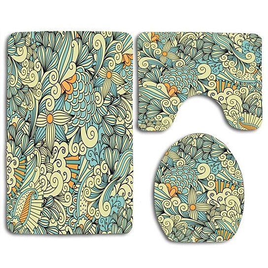 Buy Pretty Yellow Blue 3 Piece Bathroom Rugs Set Bath Rug Contour Mat and Toilet Lid Cover by