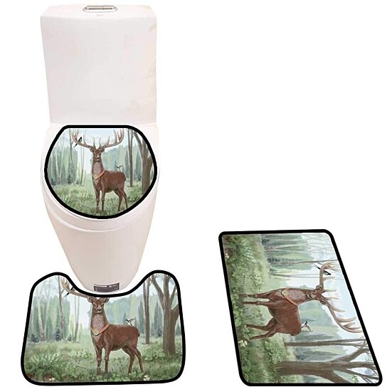 Buy Prou Deer St In Woods On Horns Birds Applai Ces Sque 3 Piece Bathroom Rugs Set Bath Rug Contour Mat And Toilet Lid Cover By Andrea Marcias On Dot Bo