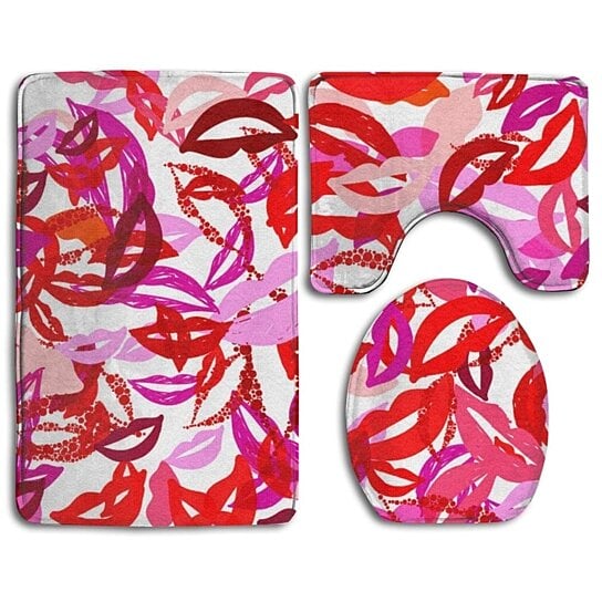 Buy Red Pink Lip Prints 3 Piece Bathroom Rugs Set Bath Rug Contour Mat And Toilet Lid Cover By Andrea Marcias On Dot Bo