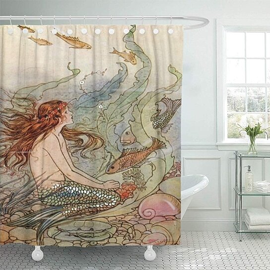 Fantasy Mermaid on Moon River Bathroom Fabric Shower Curtain Set 71Inch Long 