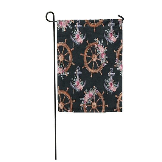 Download Buy Watercolor Nautical Floral With Steering Wheel Anchor And Arrangement On Black Garden Flag Decorative Flag House Banner 28x40 Inch By Andrea Marcias On Dot Bo