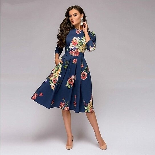 Womens Vintage Floral Print Polyester Casual Sundress 
