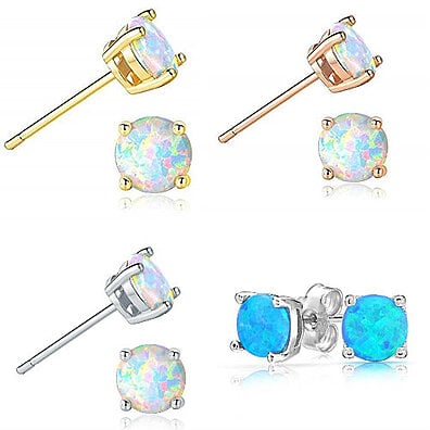 Opal Stud Earrings Sterling Silver Fire Opal 925 Jewelry Round Opal Earrings