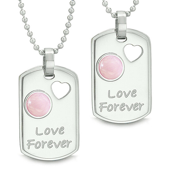 Love Forever Positive Energy Amulets Heart White and Pink Simulated Cats Eye Yin Yang Couples Necklaces