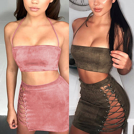 Buy Sexy Women Halter Faux Suede Two-Piece Suit Tube Crop Top + Short Skirt Outfit by Bluelans on OpenSky