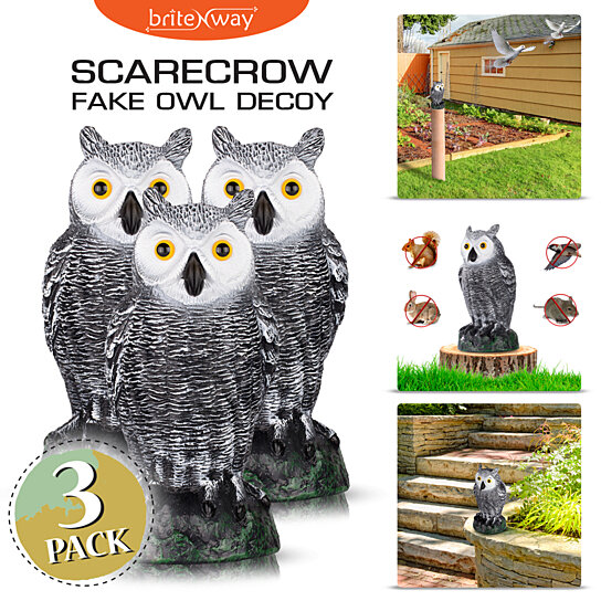 3 Pack Ultimate Scarecrow Owl Decoy Statue Fake Owl Outdoor Bird Deterrent 
