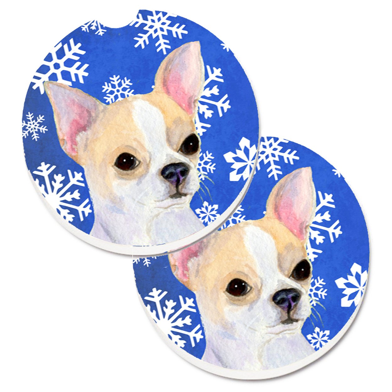 Large Caroline's Treasures SS4610CARC Chihuahua Winter Snowflakes Holiday Set of 2 Cup Holder Car Coasters multicolor 