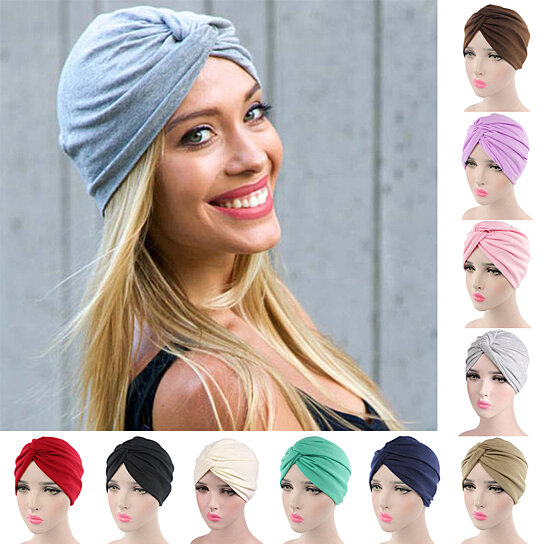 Women Cancer Chemo Hat Head Cover Pleated Cotton Turban Headwear Scarf Hijab 