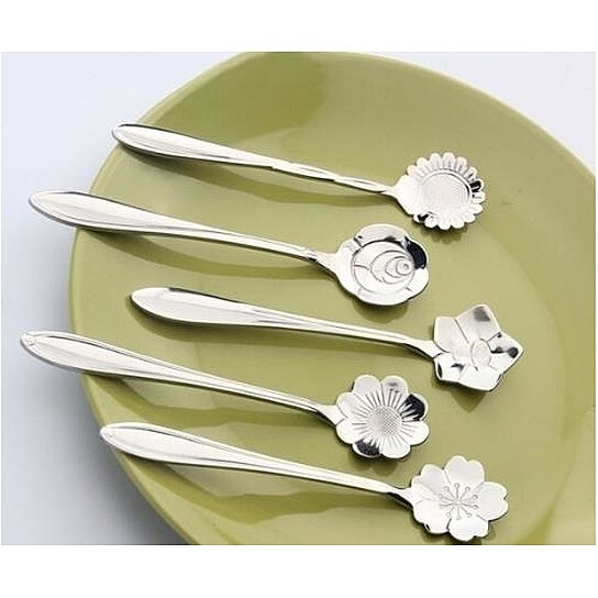 5Pcs Stylist Stainless Lovers Cherry Blossoms Measuring Spoons Tea Coffee Spoon