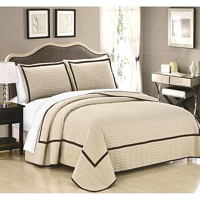 3 or 2 Piece Halrowe Hotel Collection 2 tone banded Quilted Geometrical Embroidered Quilt Set