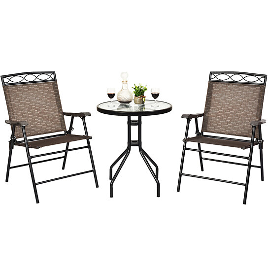 Buy Costway 3 Pcs Bistro Conversation Patio Pub Dining Set W 2 Folding Chairs Glass Table By Costway On Dot Bo