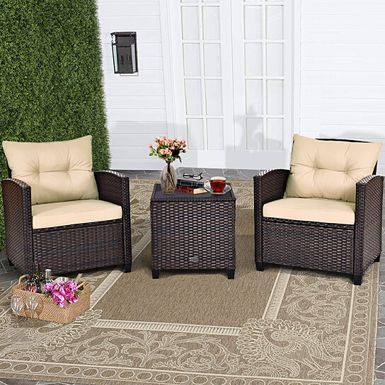 Buy Costway 3pcs Patio Rattan Furniture Set Cushioned Conversation Set Sofa Coffee Table By Costway On Dot Bo